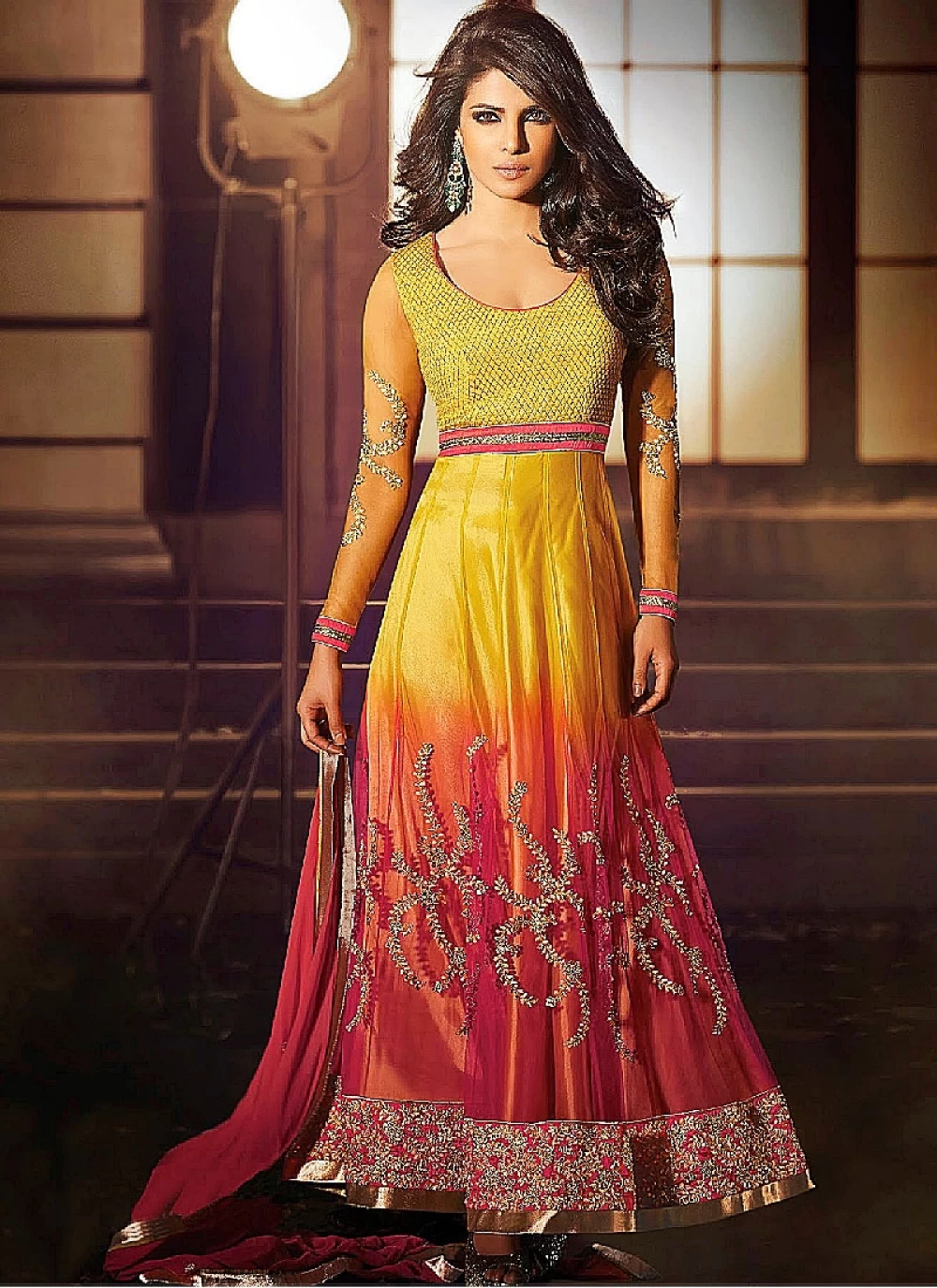 Priyanka Chopra Red And Yellow Zari Work Net Anarkali Suit