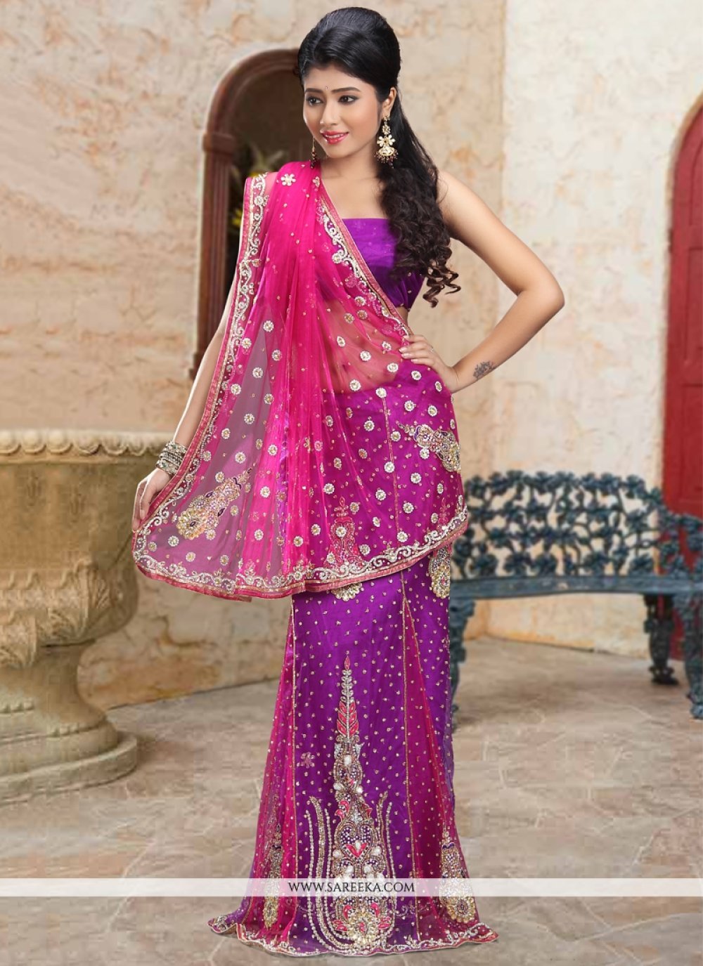 Purple And Pink Net Lehenga Saree -