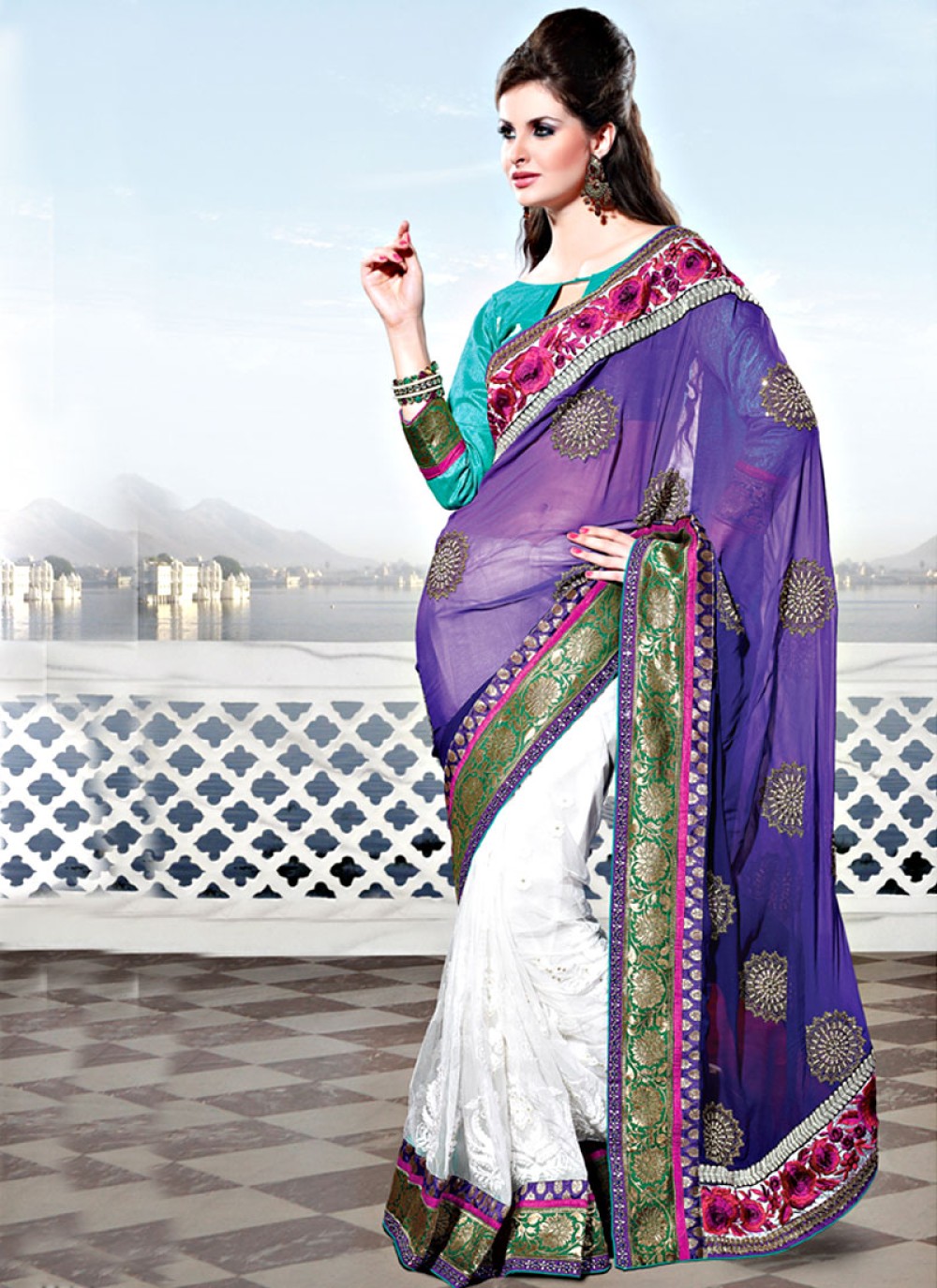 Purple and White Georgette and Net Saree