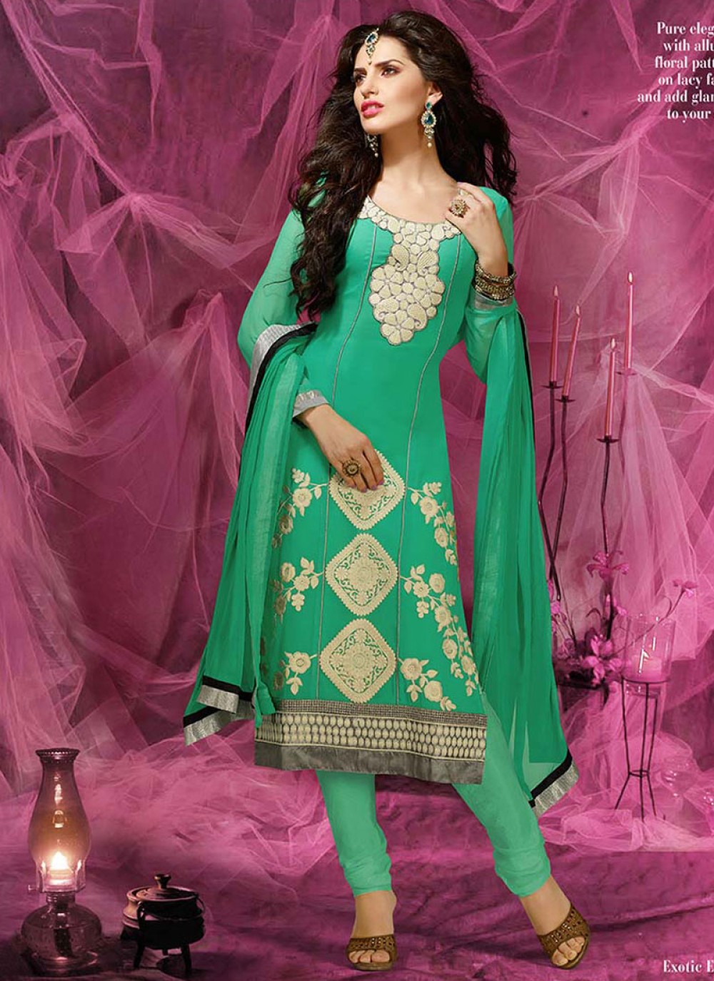 Green Resham Work Churidar Salwar Suit