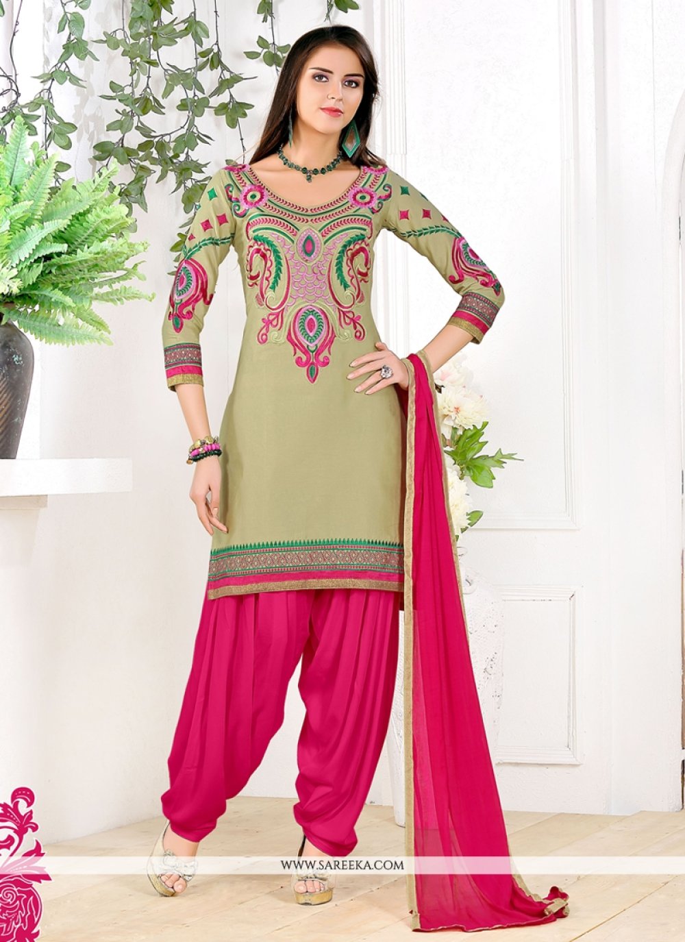 Cotton Hot Pink Embroidered Work Trendy Punjabi Churidar Suit