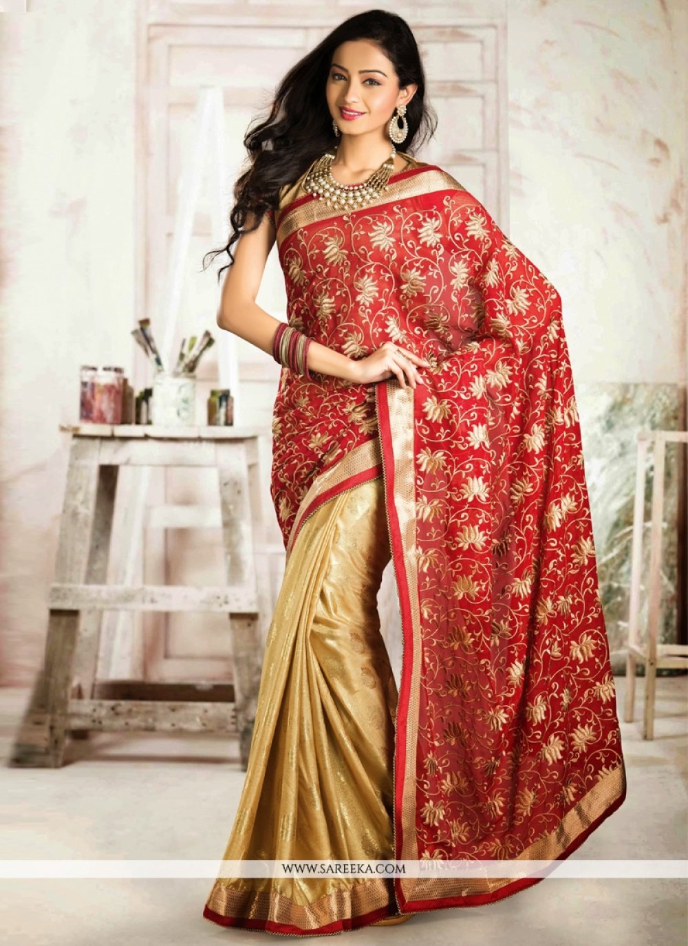 Red And Beige Embroidery Work Half And Half Saree