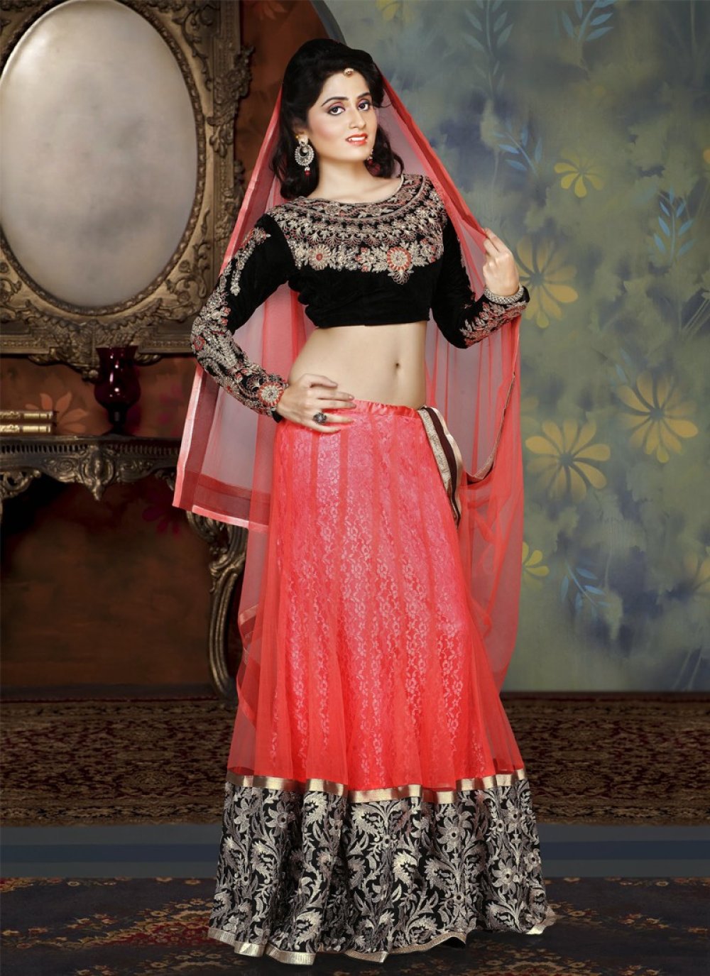 Embroidery Machine Black Embroidered Net Lehenga at Rs 5999 in Surat