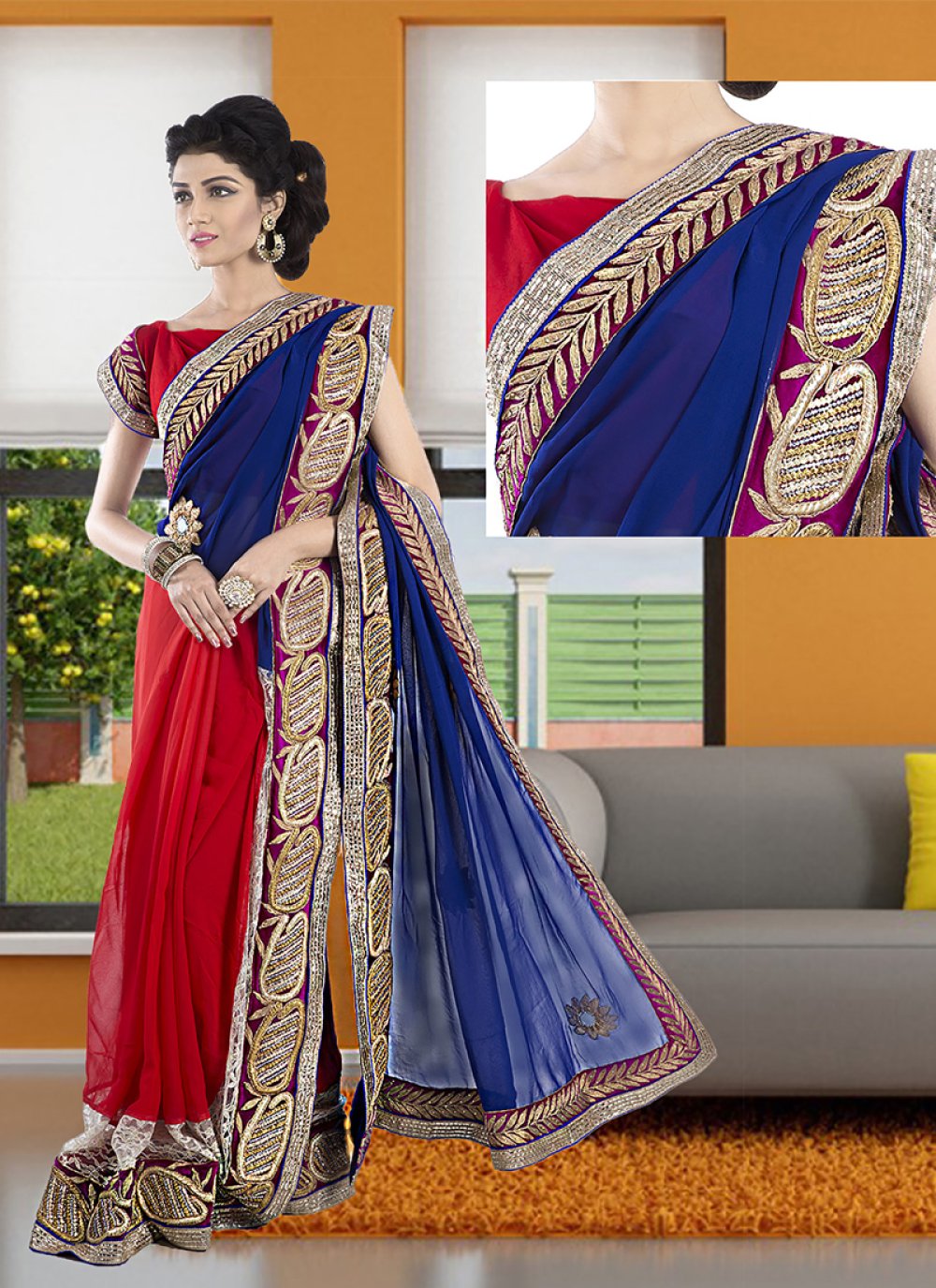 Pink Embroidered Georgette And Net Half And Half Saree at Rs 999 in Surat