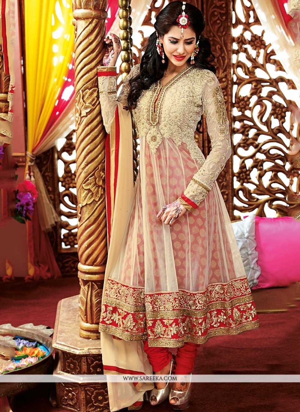 Red And Cream Embroidery Net Georgette Anarkali Suit