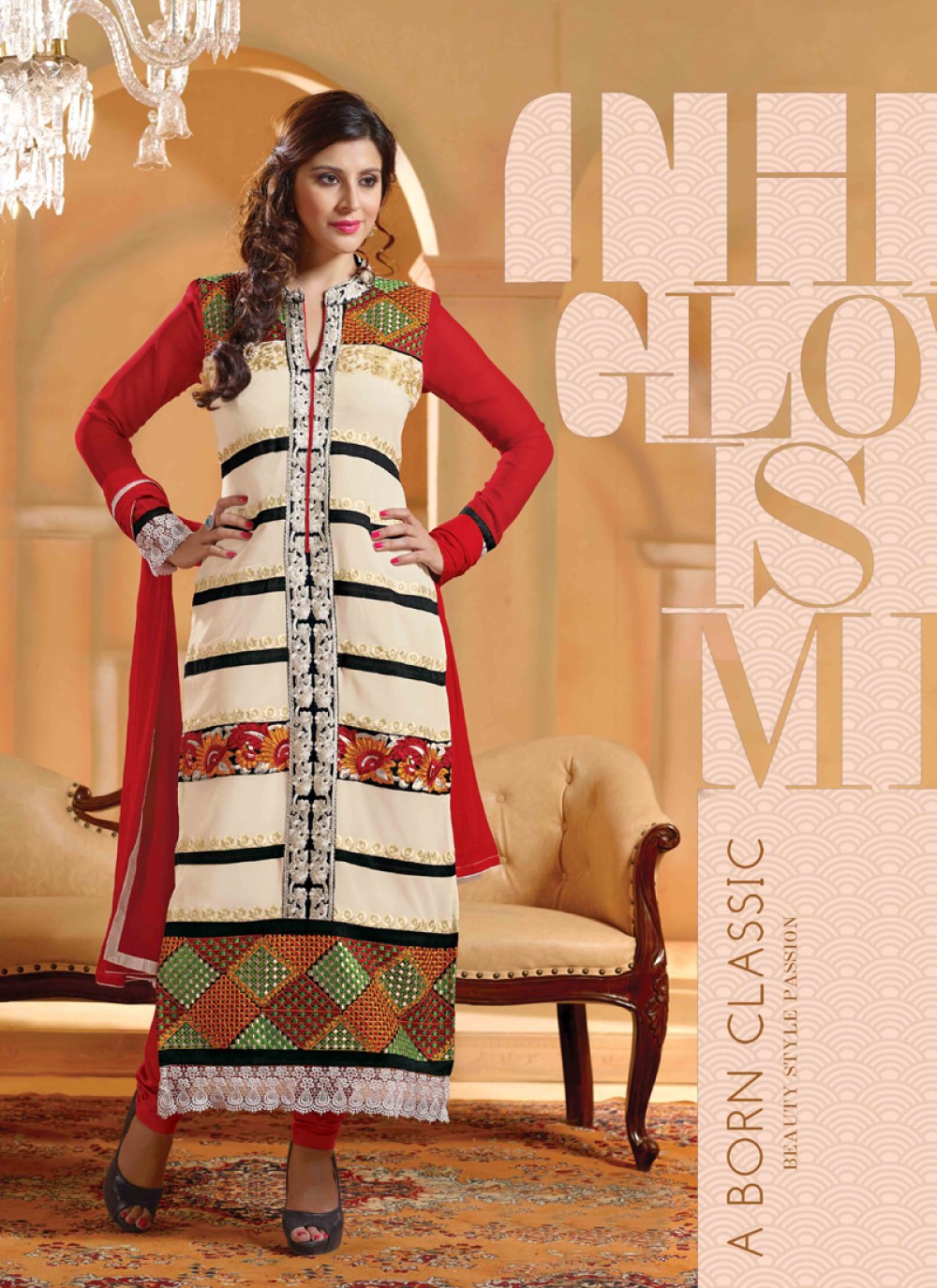 Red And Cream Georgette Churidar Suit