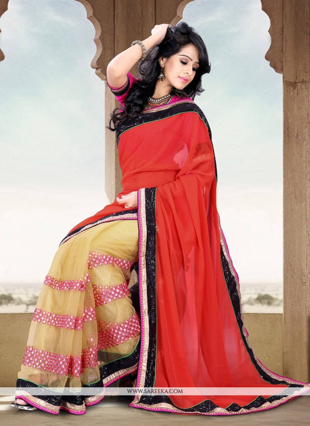 Red And Cream Net And Georgette Half And Half Saree
