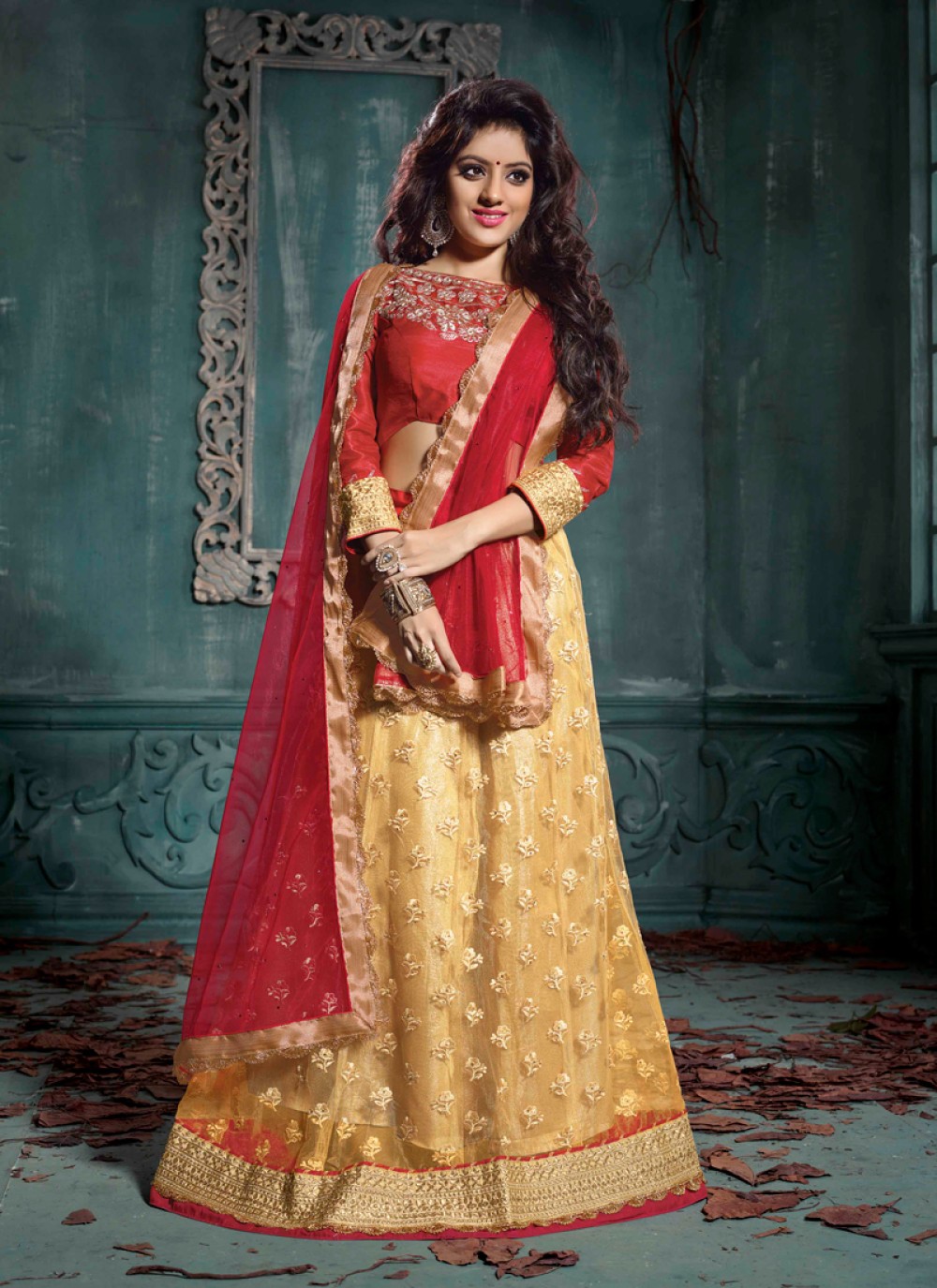 Deepika Singh Red And Gold Net Lehenga Choli