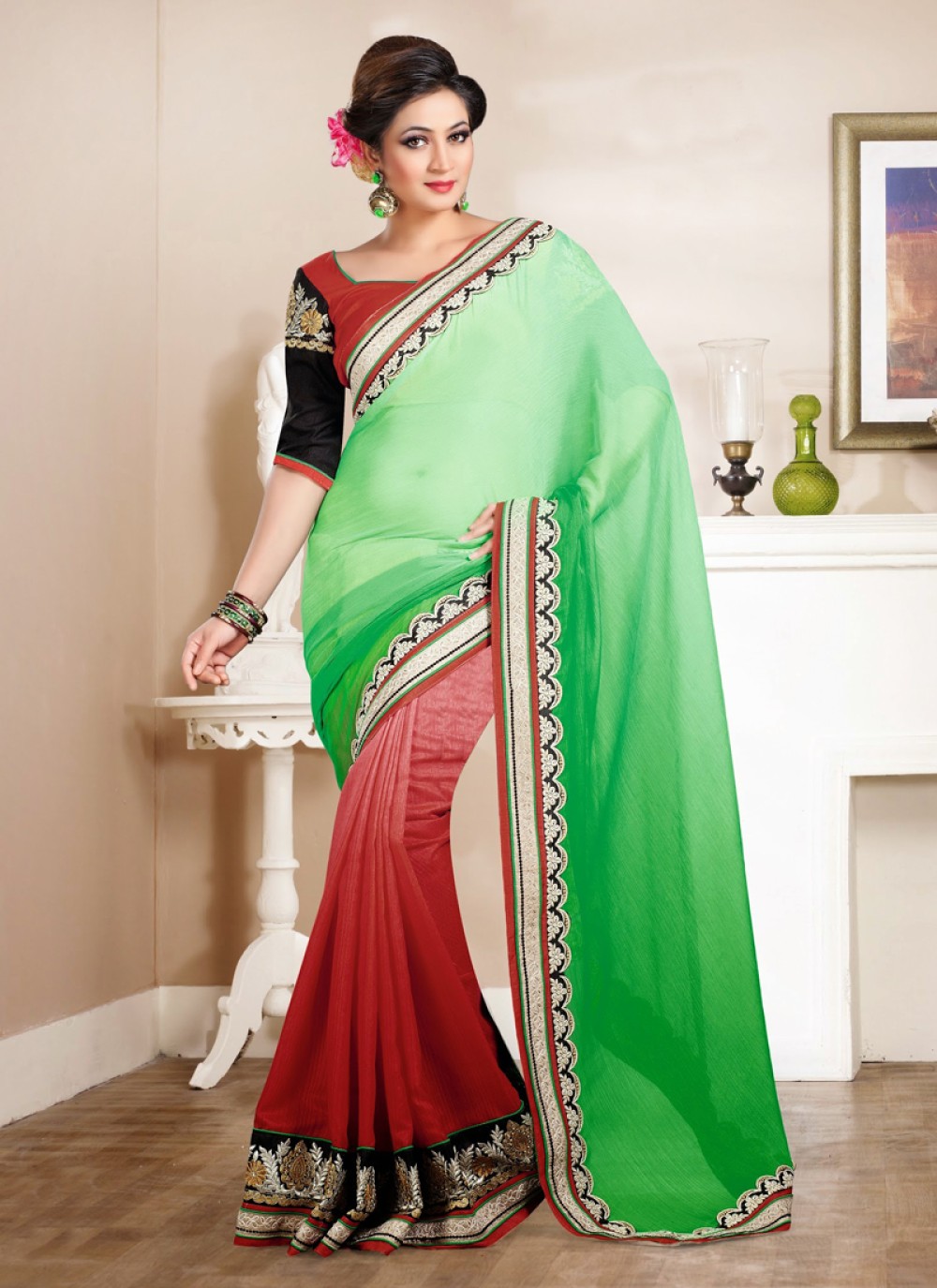 Red And Green Georgette Saree