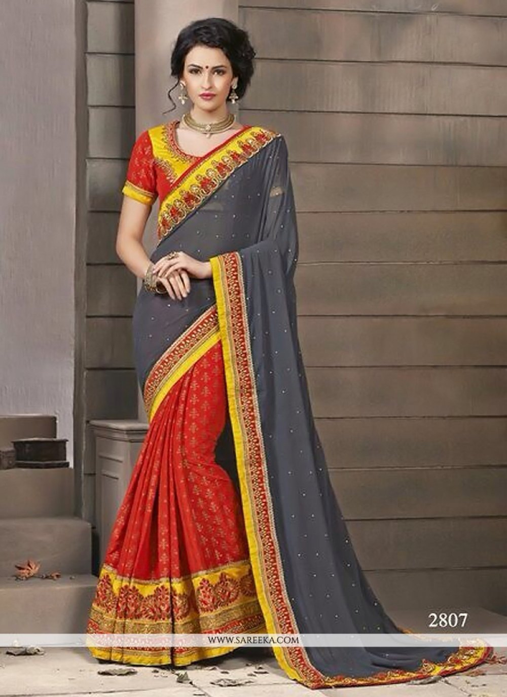 Red And Grey Georgette And Jacquard Silk Saree