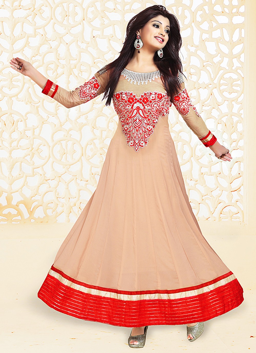 Red And Peach Embroidery Work Anarkali Suit