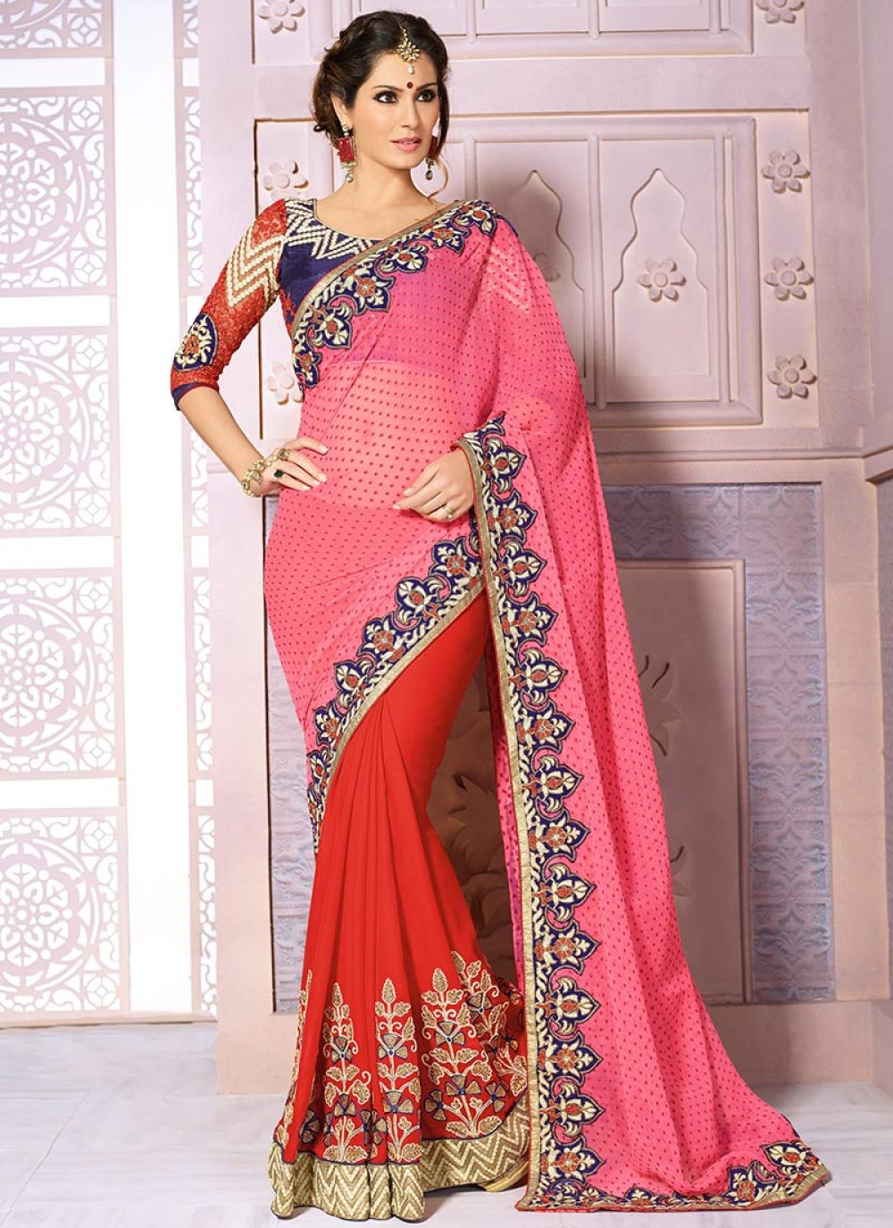 Red And Pink Georgette Half And Half Saree