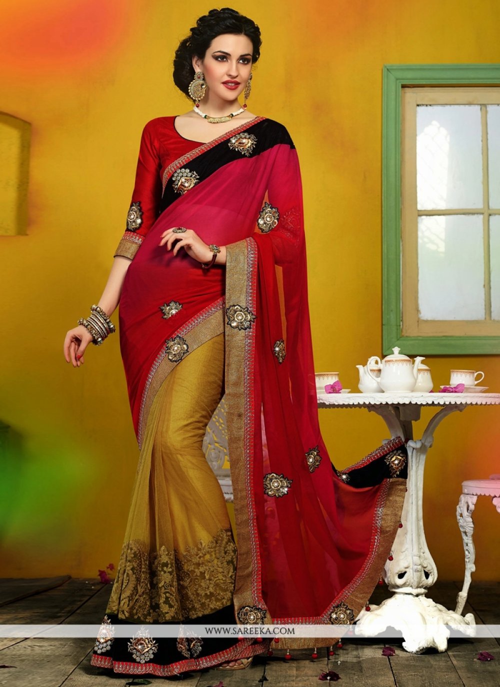 Red And Pink Shaded Chiffon Satin And Velvet Saree