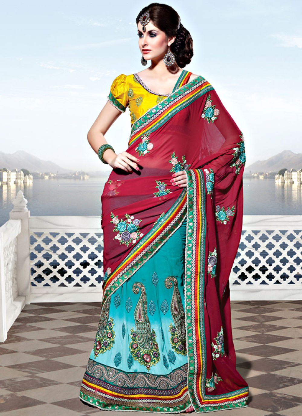 Red and Shaded Turquoise Georgette Lehenga Saree