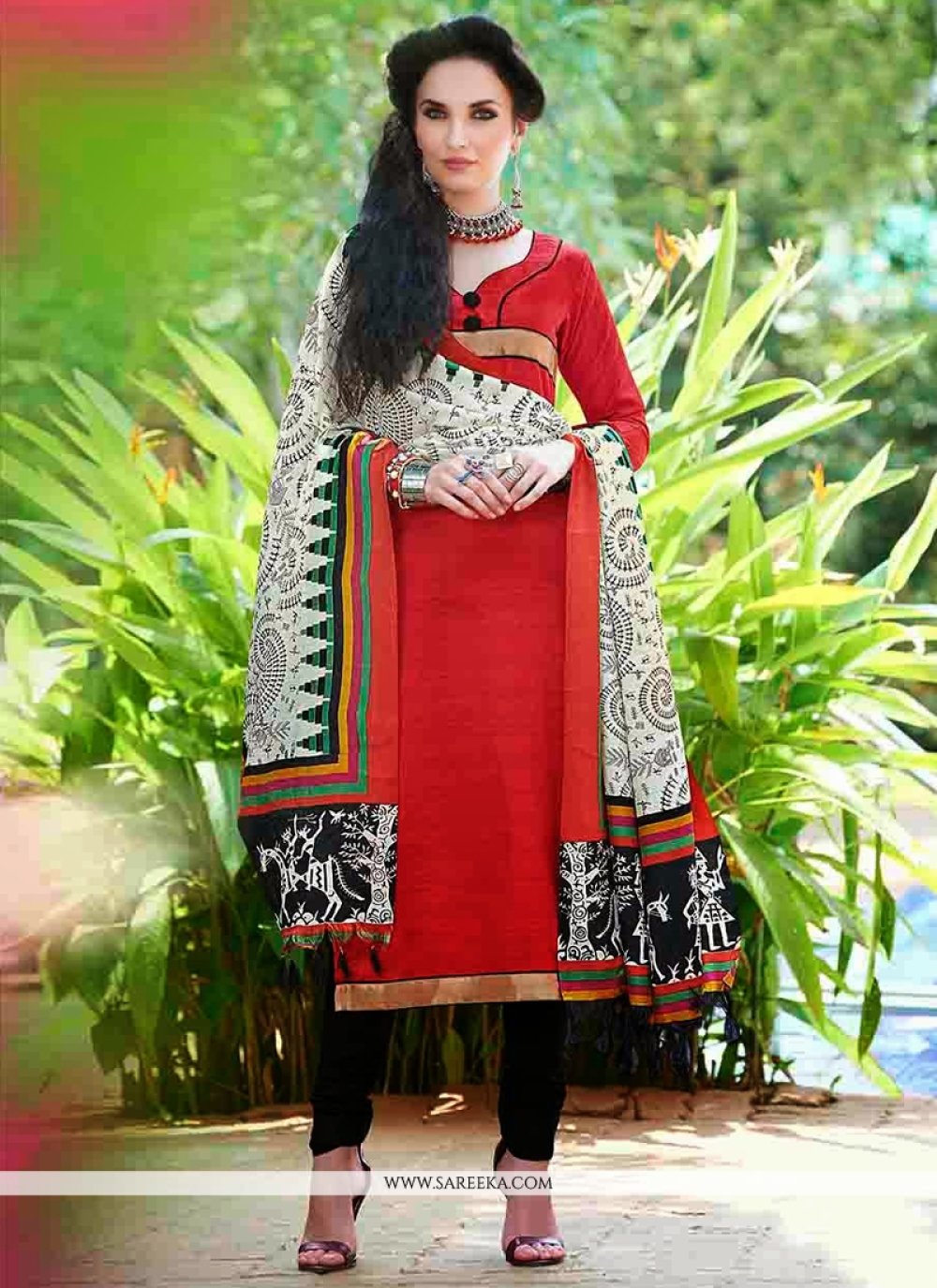 Red Bhagalpuri Silk Churidar Salwar kameez