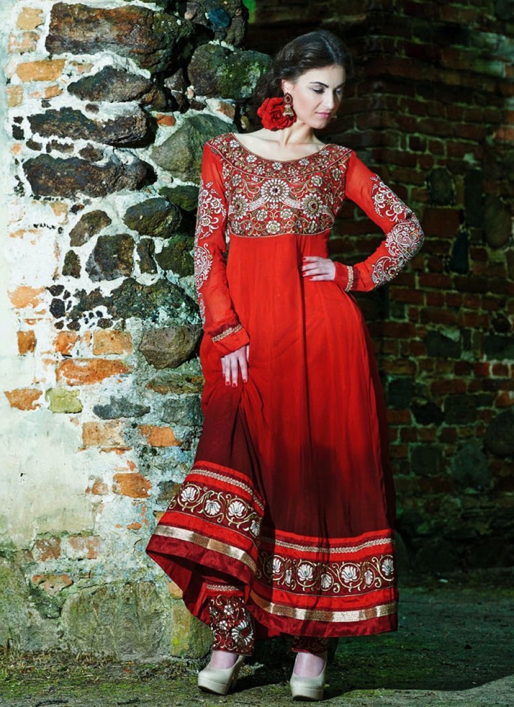 Red Embroidery Border Work Anarkali Suit