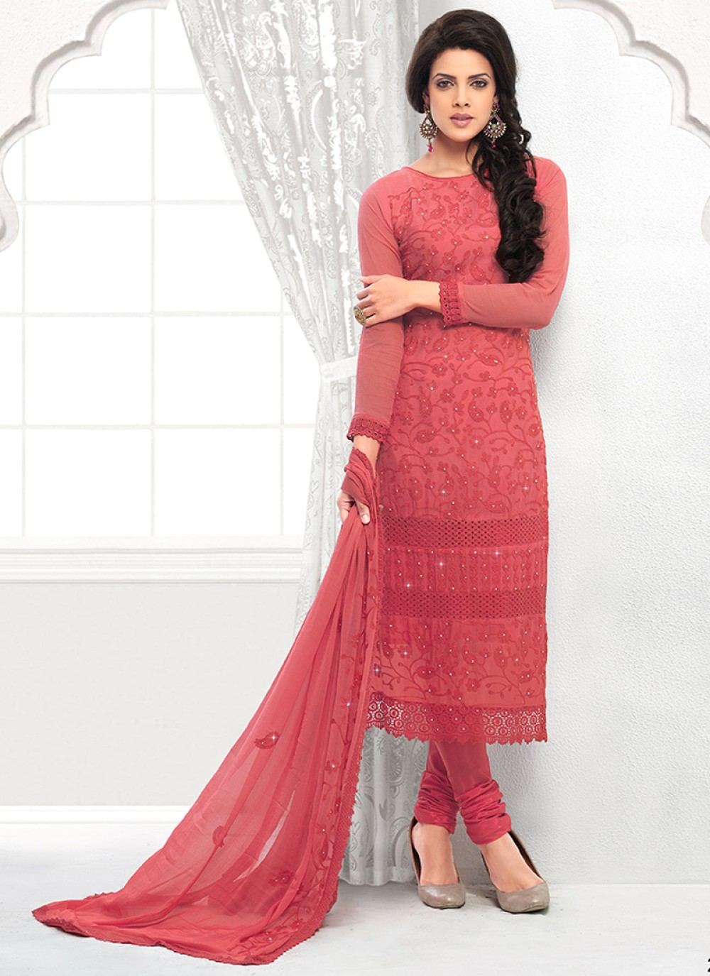 Red Embroidery Pure Chiffon Churidar Suit