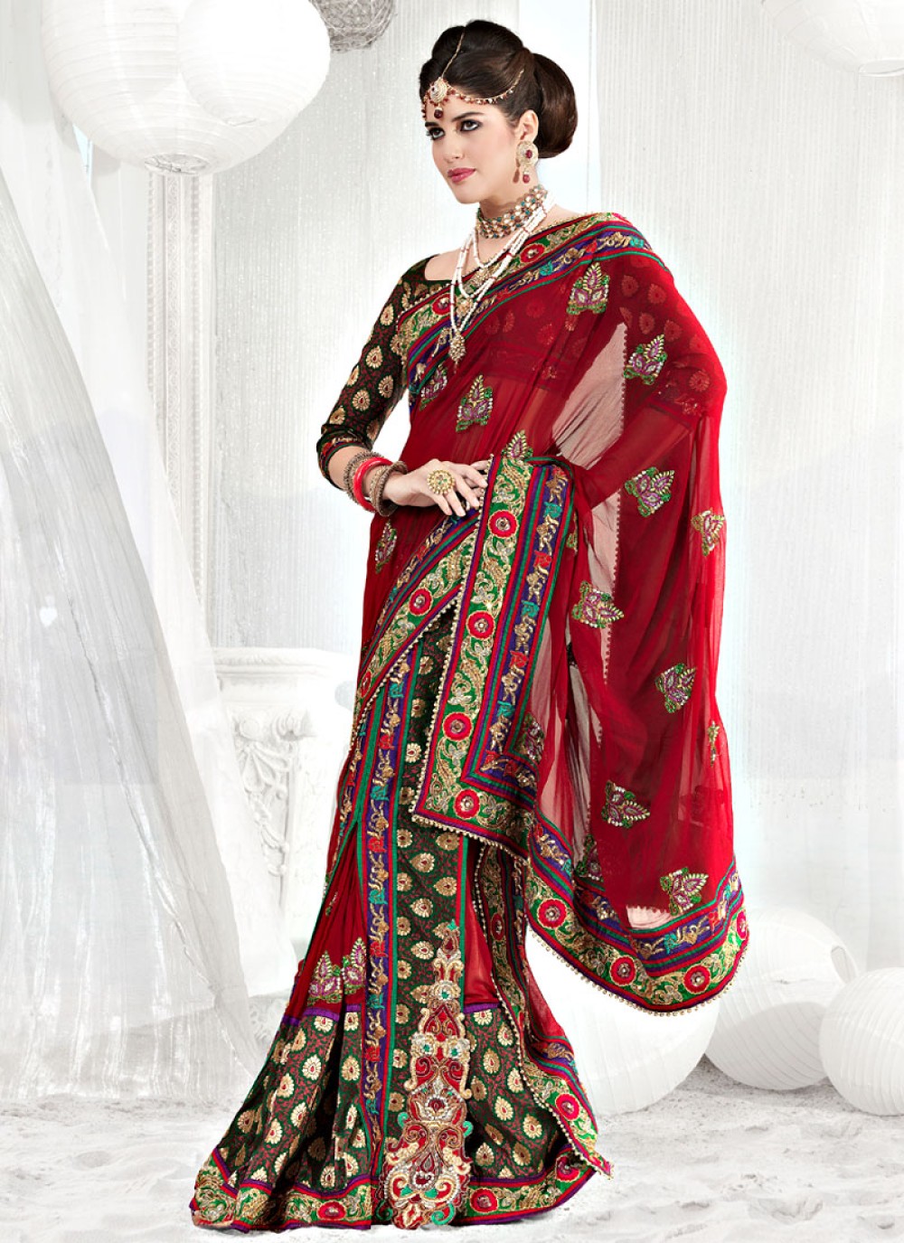 Red Faux Georgette and Viscose Saree