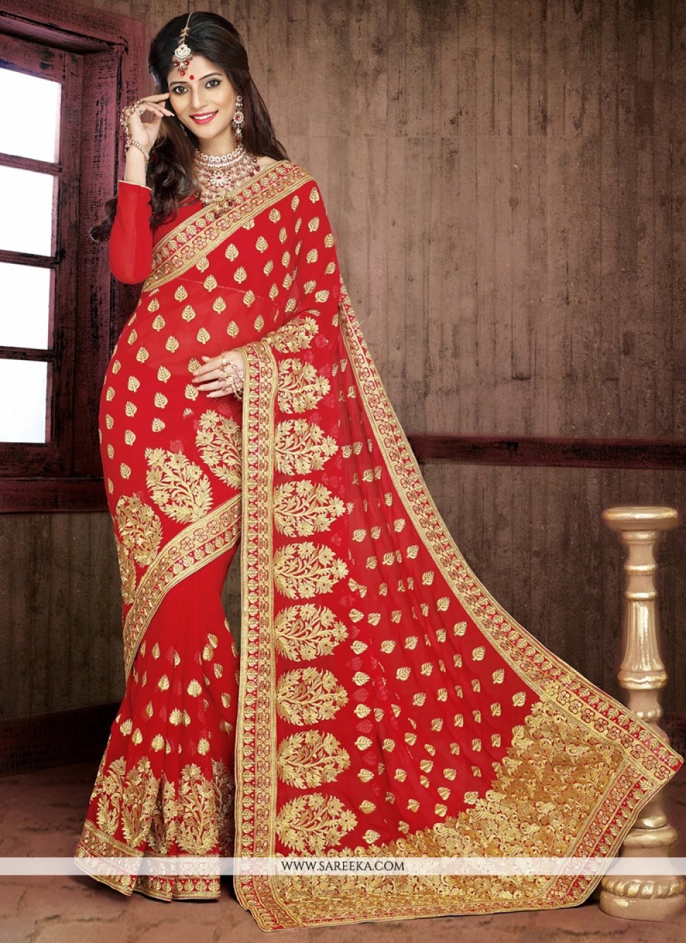 Buy Amazing Red Heavy Designer Georgette Bridal Saree | Bridal Sarees