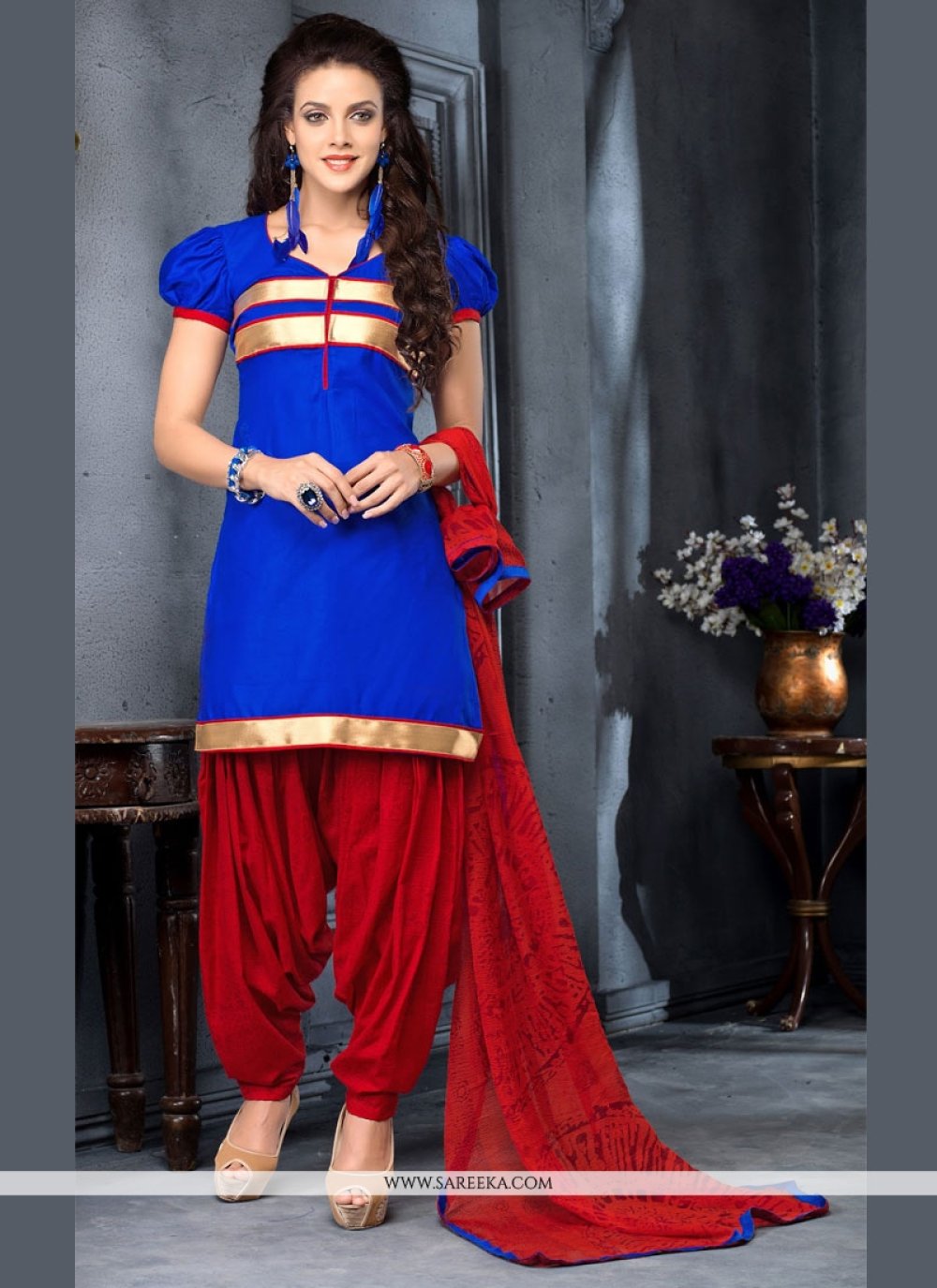 Lace Work Cotton Blue Designer Patiala Salwar Kameez -