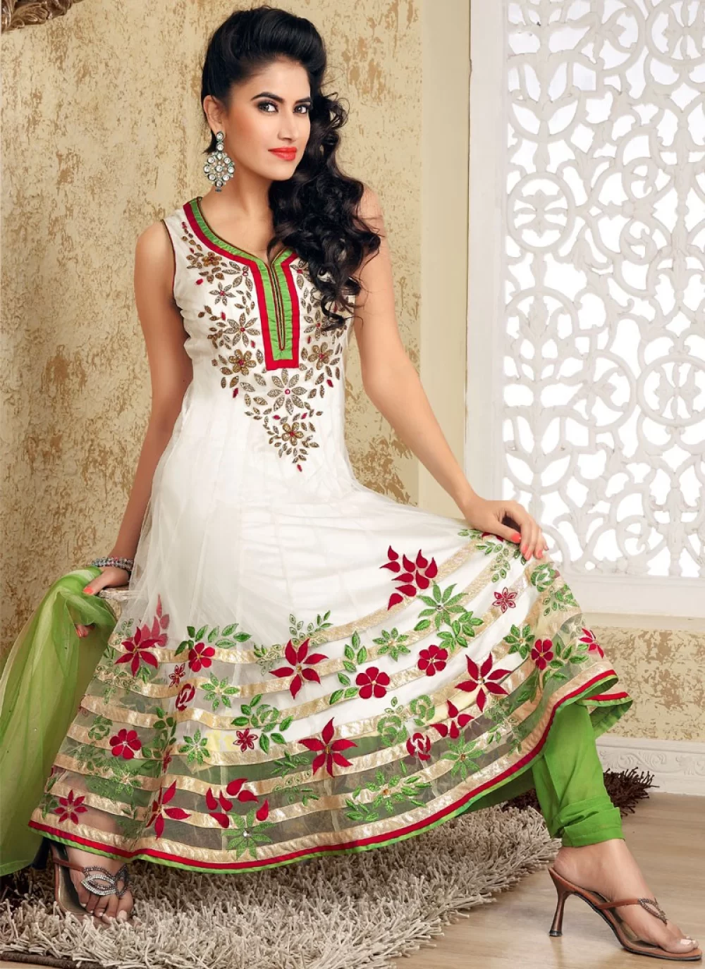 white and green anarkali