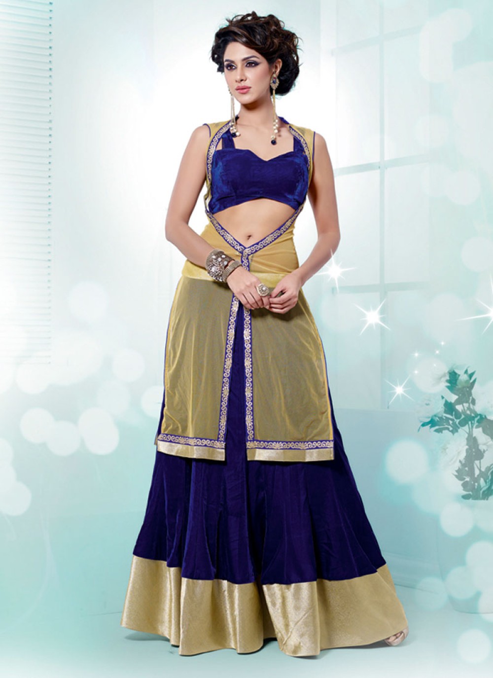 Blue And Cream Patch Border Work Net Lehenga Choli