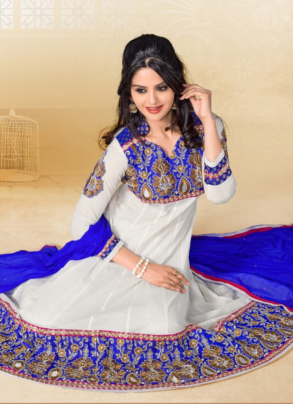 Blue And Off White Border Work Cotton Salwar Kameez