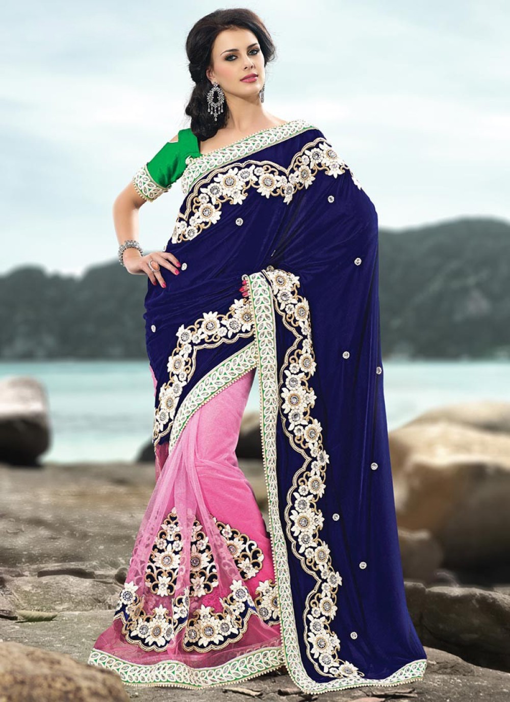 Blue and Shaded Pink Velvet and Net Saree