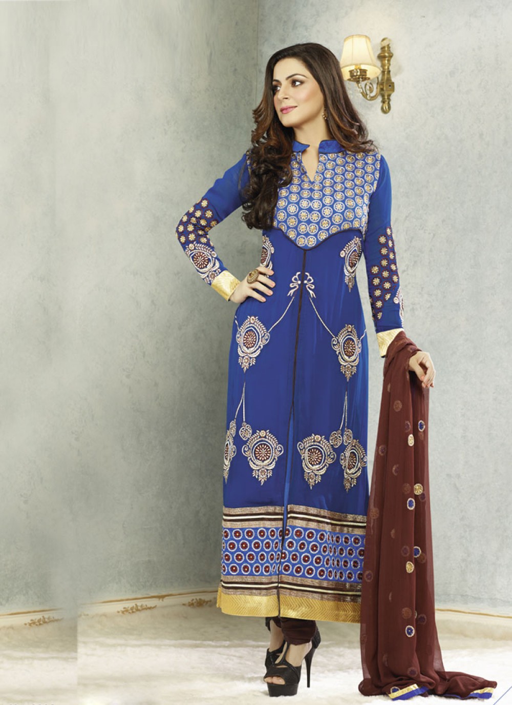 Blue Embroidery And Resham Work Churidar Suit