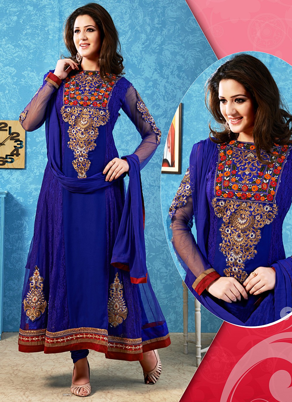 Blue Embroidery Work Net Anarkali Suit
