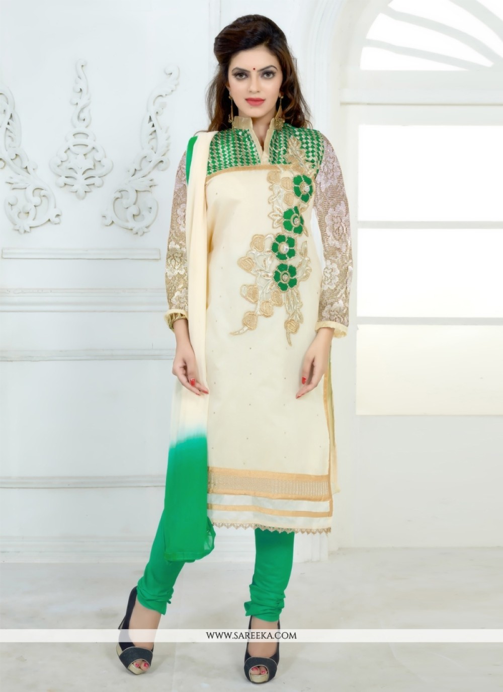 Resham Work Chanderi Cotton Cream Churidar Designer Suit