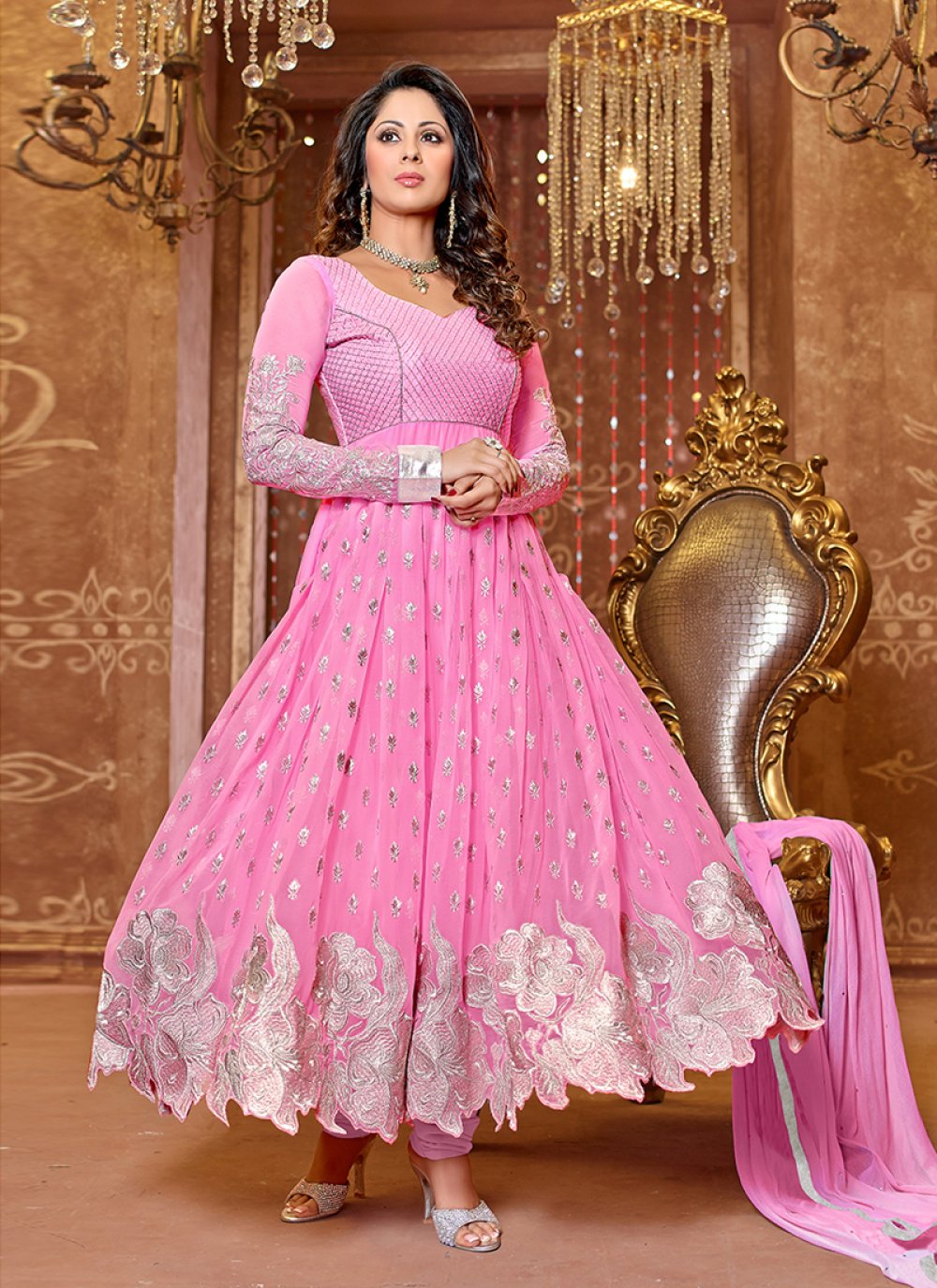 Net Pink Floor Length Anarkali Suit -
