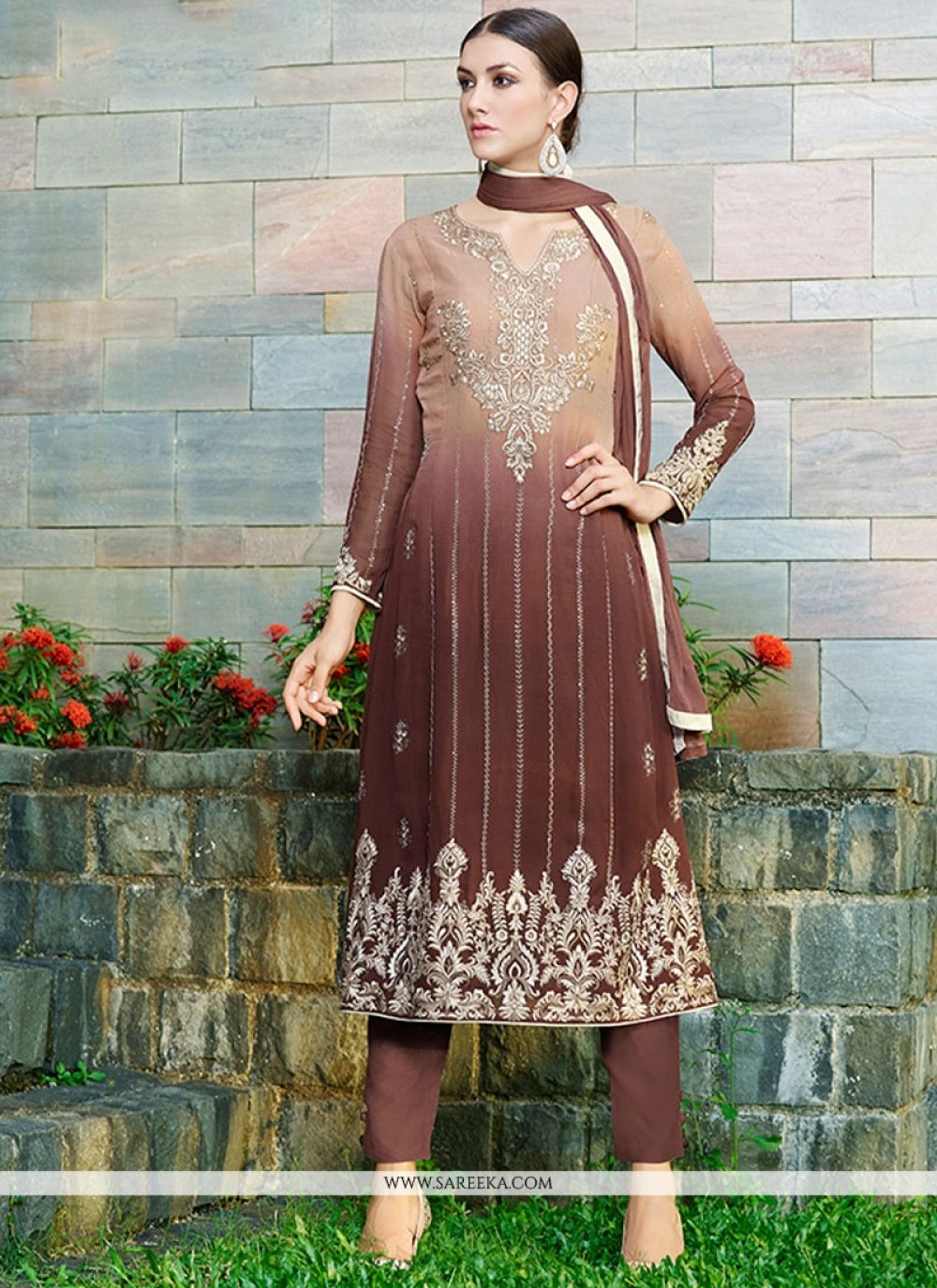 Resham Work Brown Pant Style Suit
