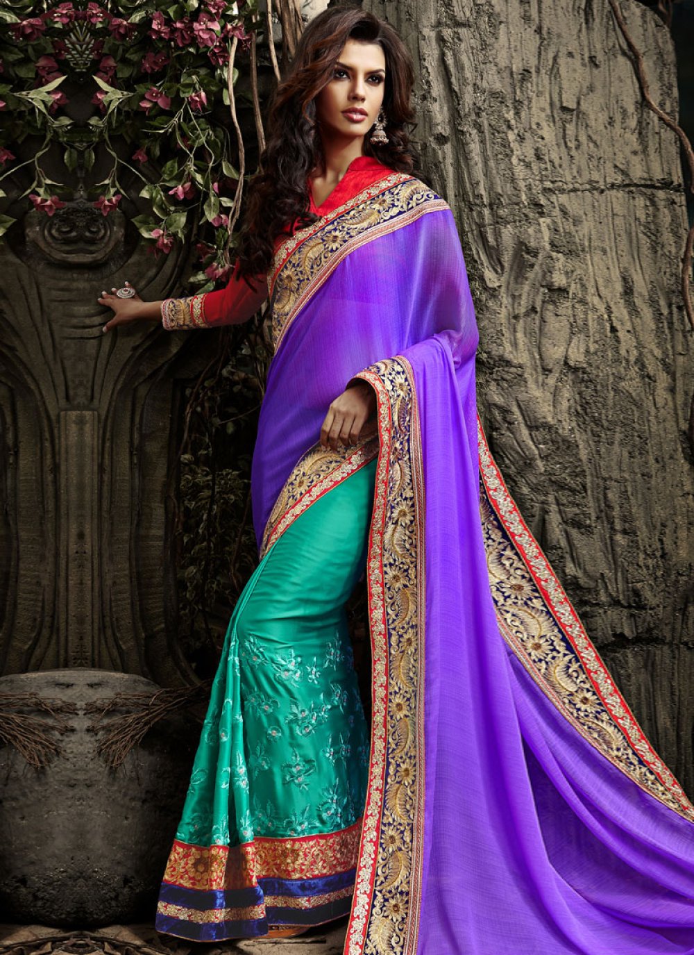 Purple Benarasi Tussar Sari Buy Online in USA with Green Border and Pallu –  Pure Elegance