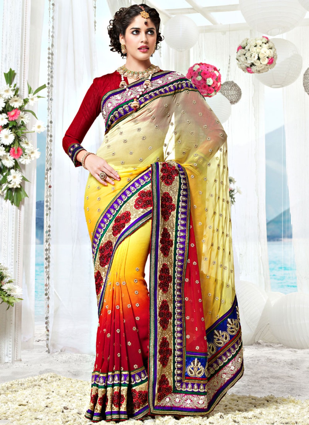 Shadded Yellow and Red Faux Georgette Saree