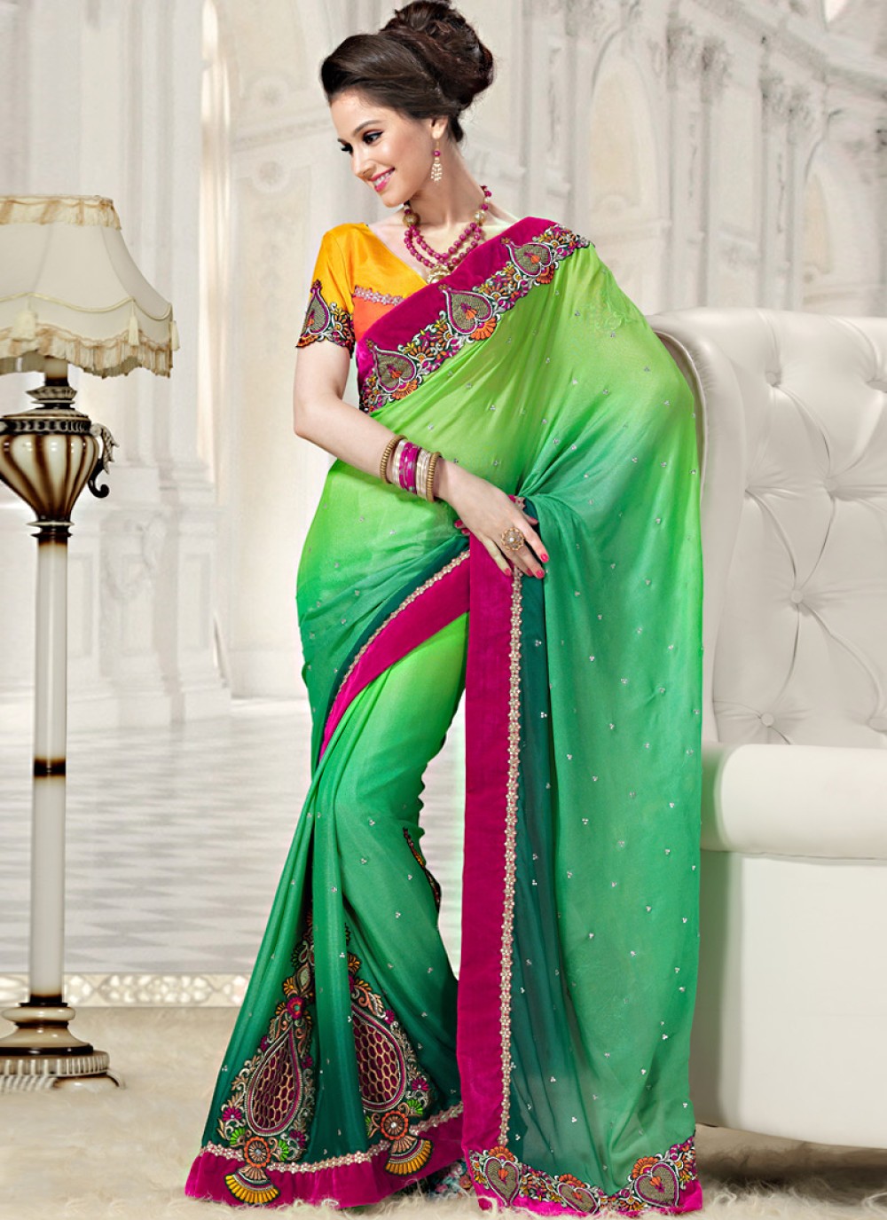 Shaded Green Faux Georgette Saree