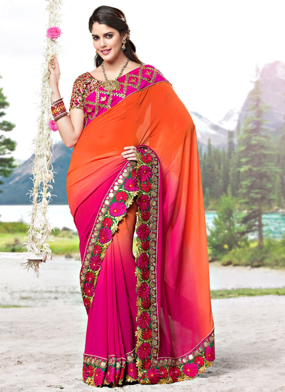 Shaded Orange and Rani Pink Faux Georgette Saree