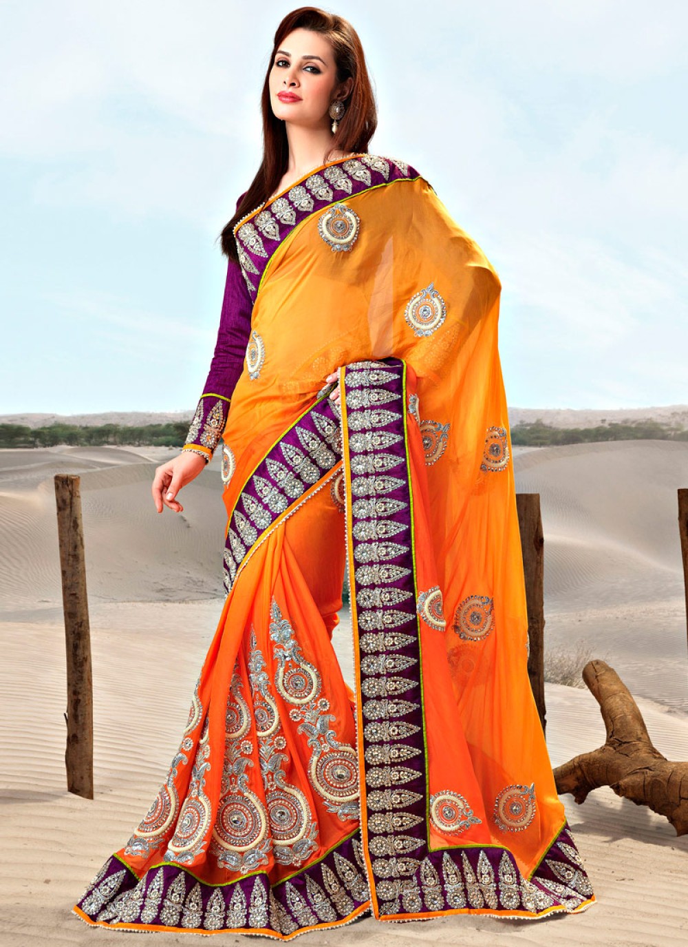 Shaded Orange Faux Georgette Embroidered Saree