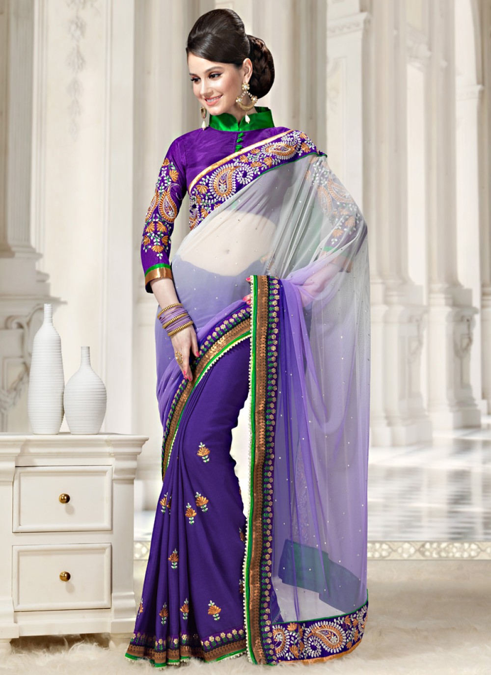 Shaded Purple And Off White Net Saree