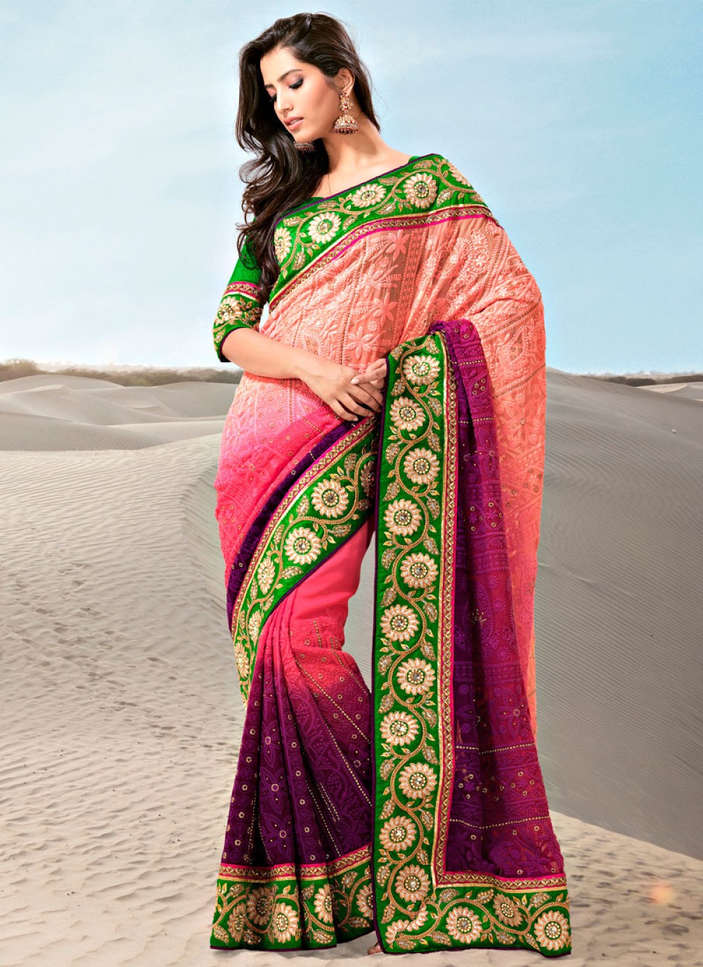 Shaded Wine And Pink Faux Georgette Saree 