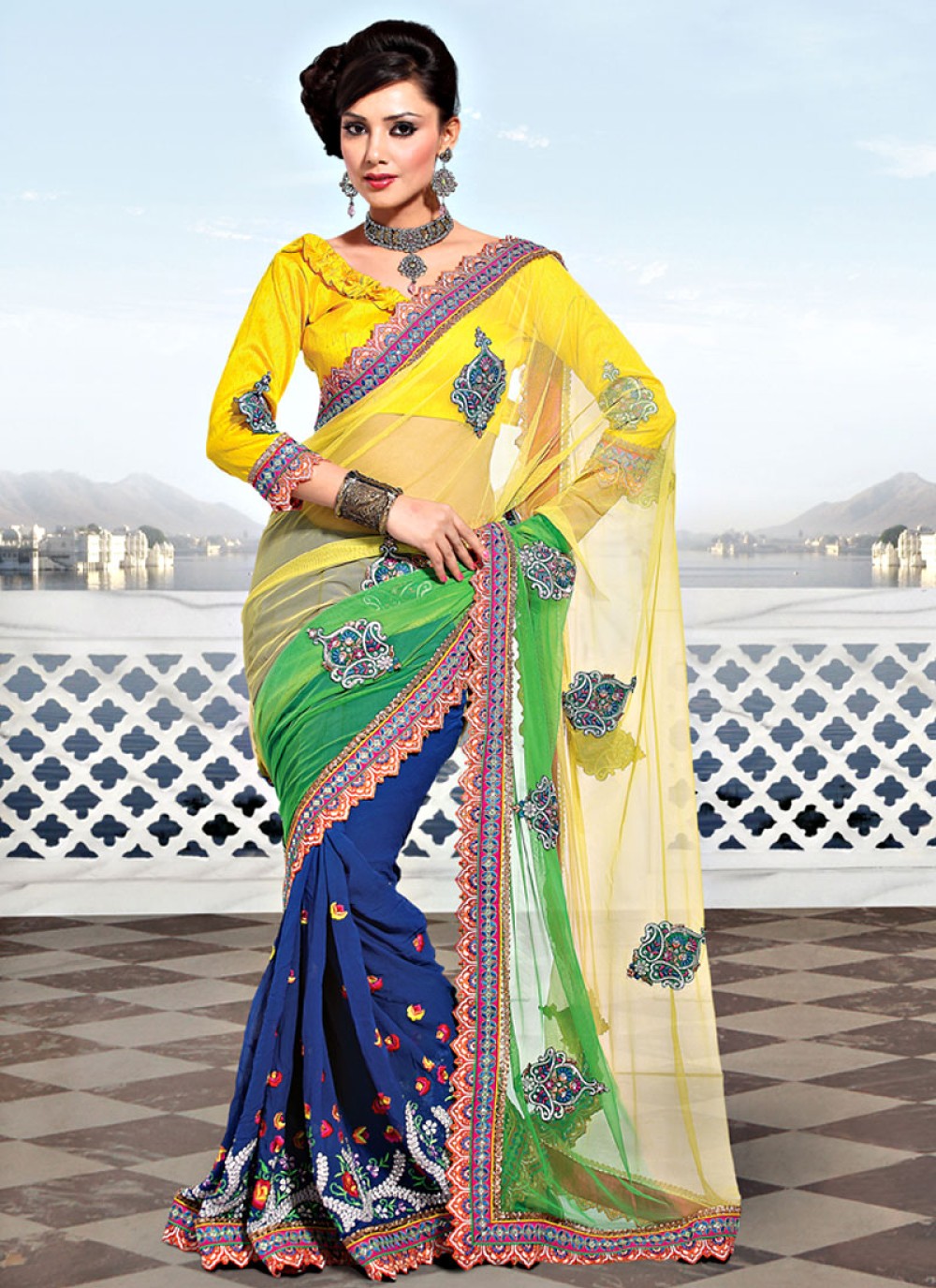 Shaded Yellow, Green and Navy Blue Net Saree