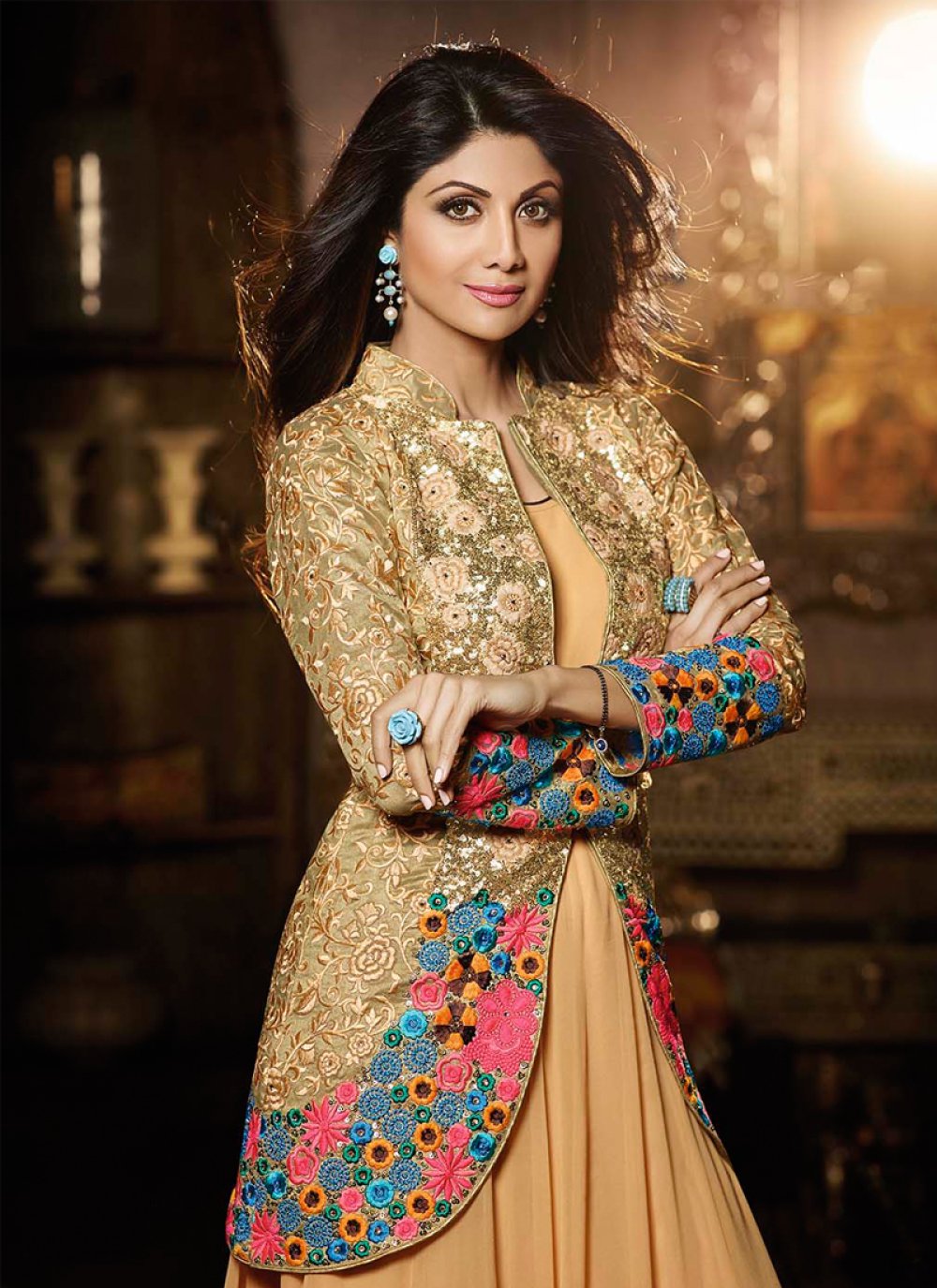 Shilpa Shetty Zari Work Beige Jacket Style Salwar Suit