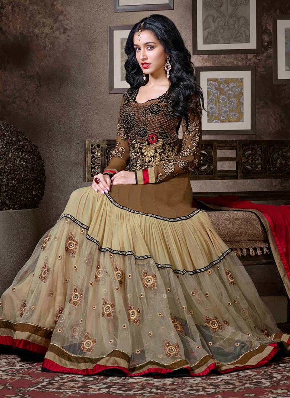 Simple Casual Anarkali Suit Shraddha Kapoor Brown Embroidery Work