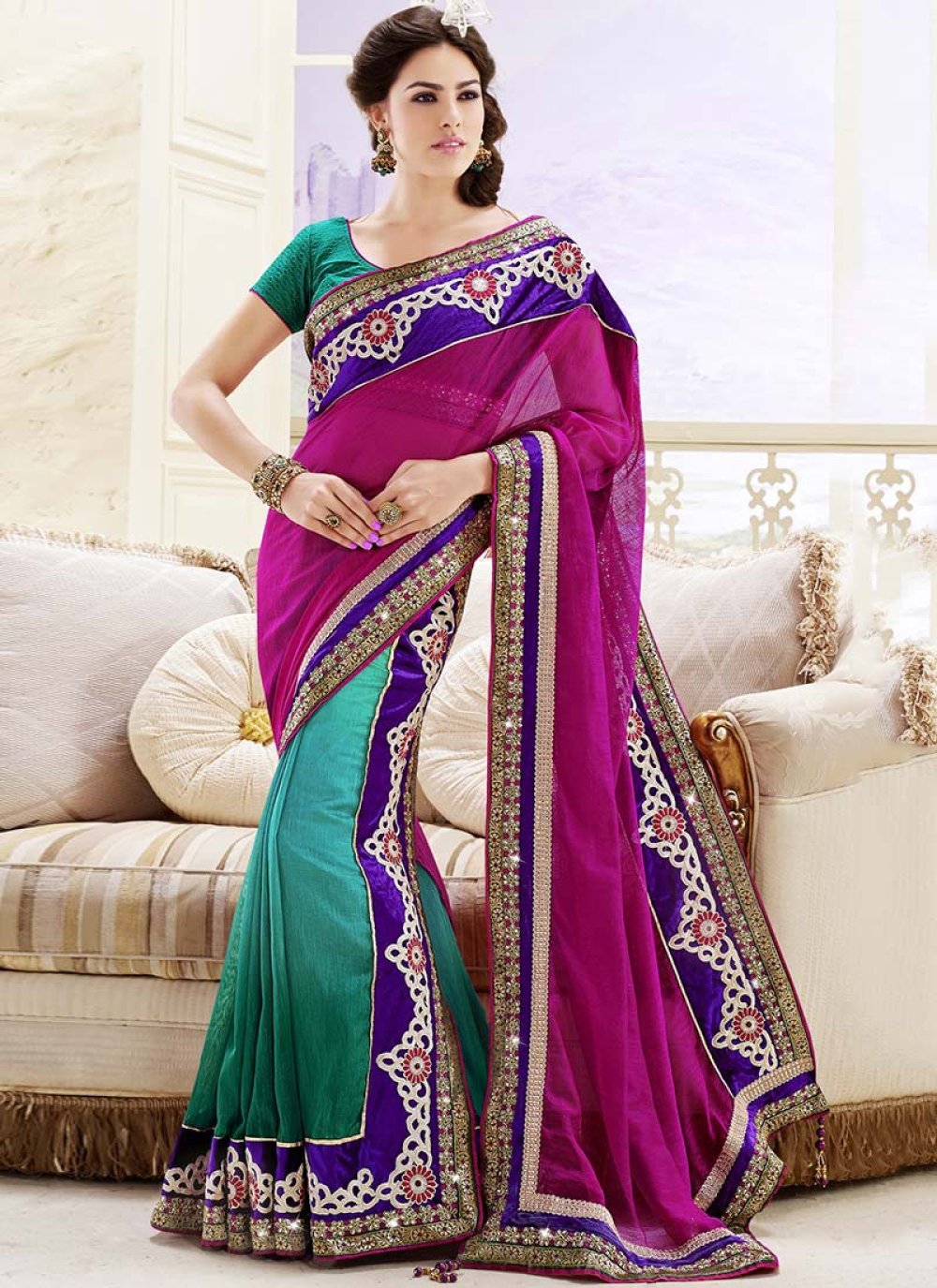 Pleasing Brasso And Cotton Half N Half Saree