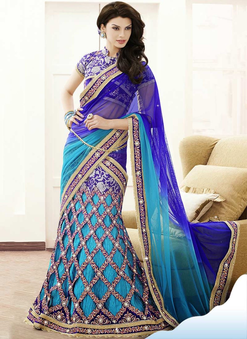 fancy sky blue mono net lehenga