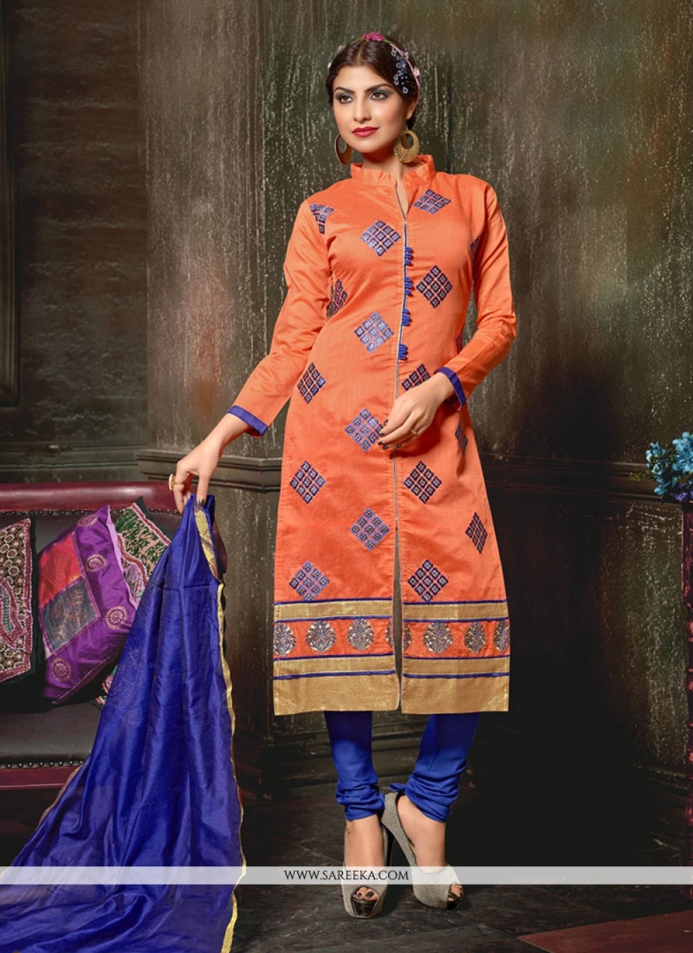 Lace Work Chanderi Orange Churidar Designer Suit
