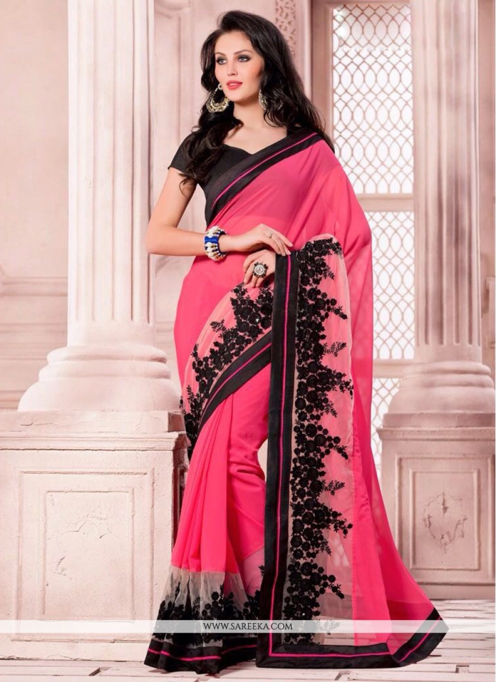 Light Pink Georgette Plain Embroidery Saree – Leemboodi