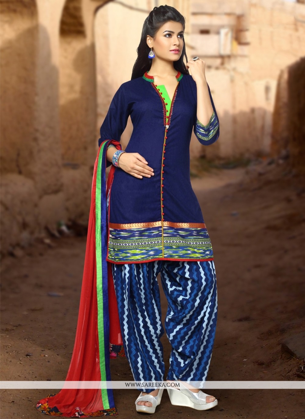 Art Silk Navy Blue Resham Work Trendy Punjabi Churidar Suit