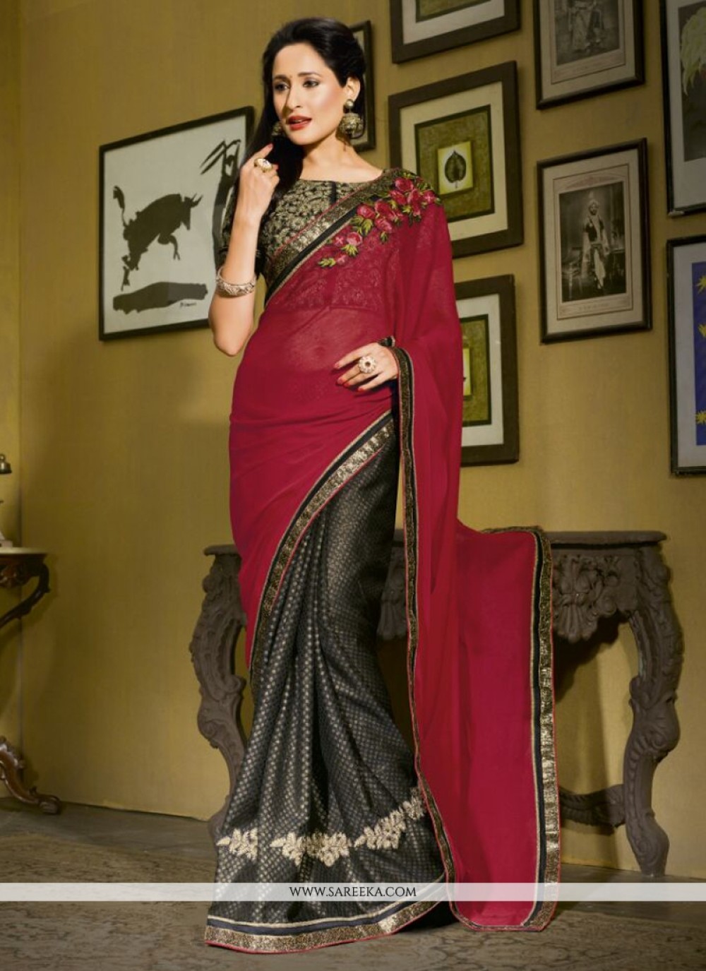 Buy Maroon Swarovski Georgette Designer Saree - Koskii