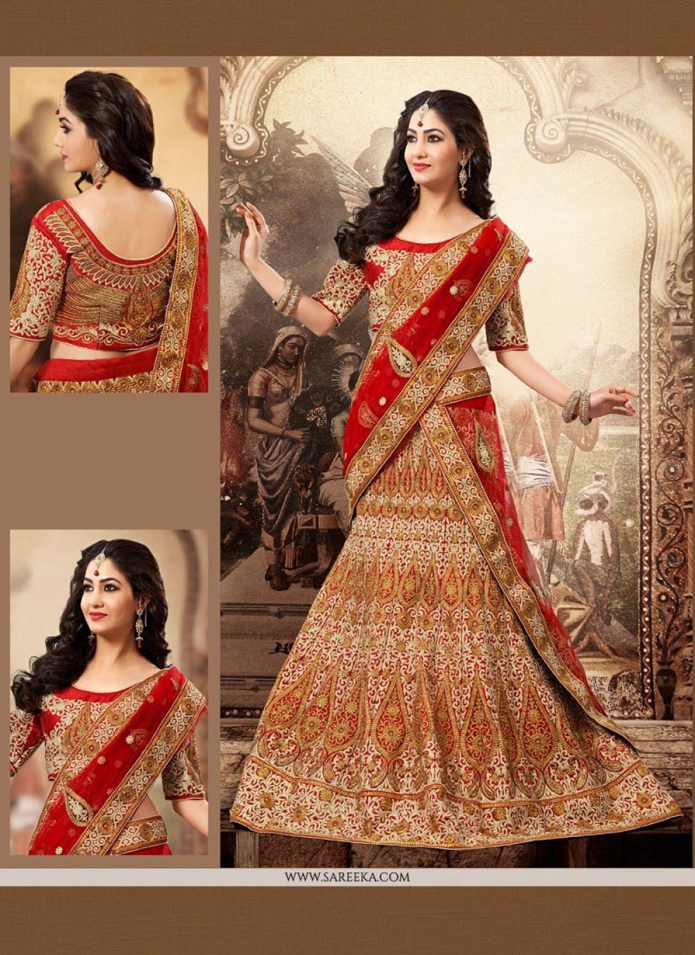 beige and red bridal lehenga